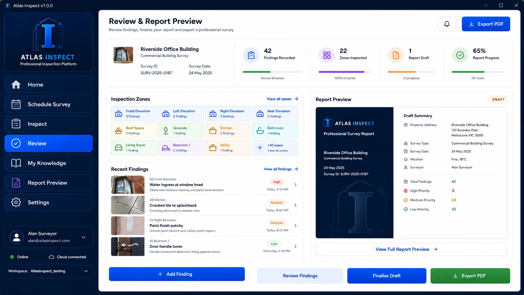 Inspect review and report workspace