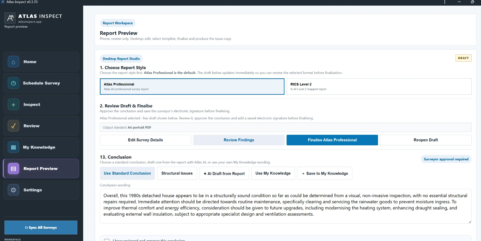 Inspect desktop Report Preview screen