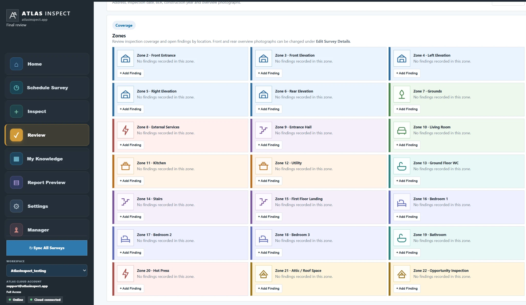 Inspect desktop Review coverage and zones screen