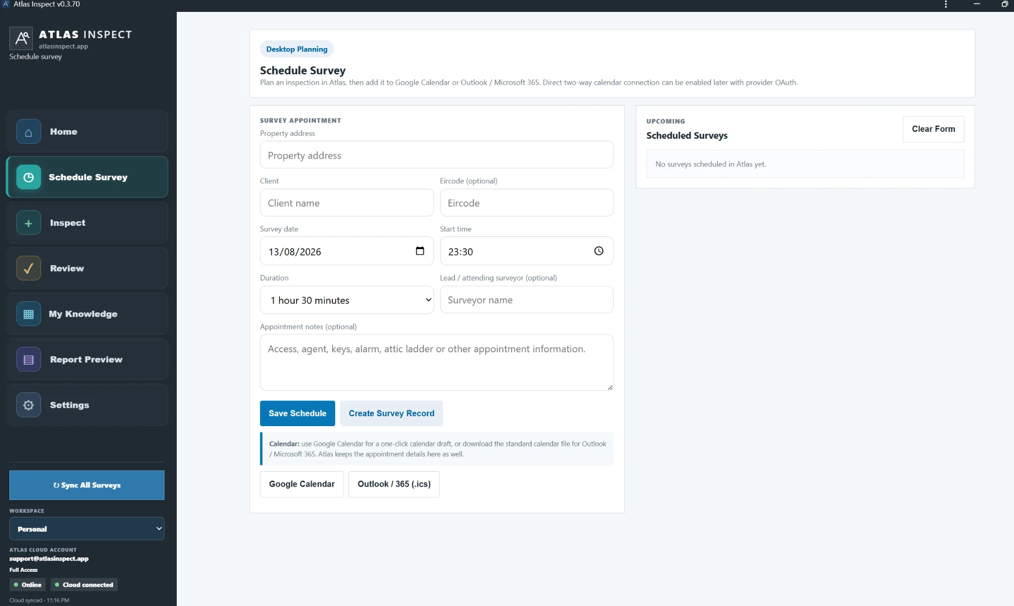 Inspect desktop Schedule Survey screen